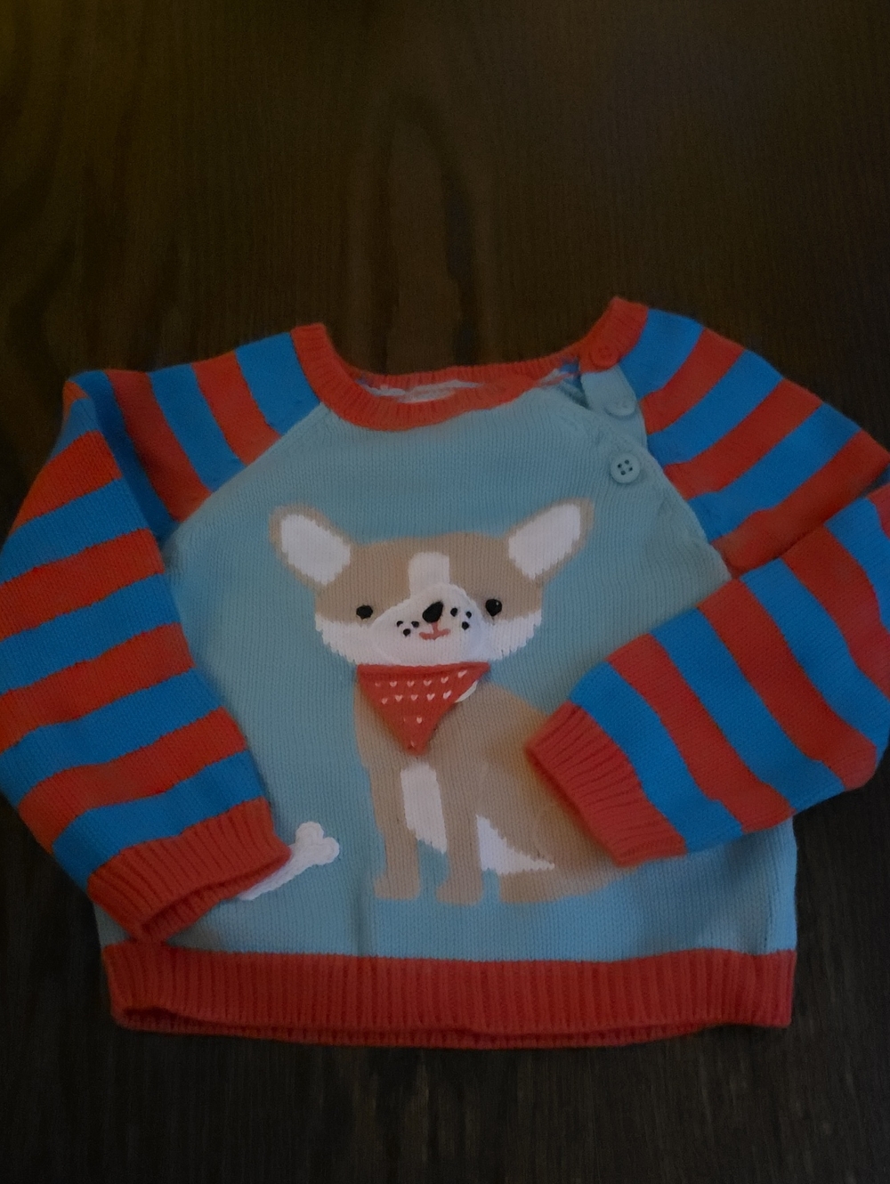 Kids Light Blue Dog Sweater with Red & Blue Striped Sleeves